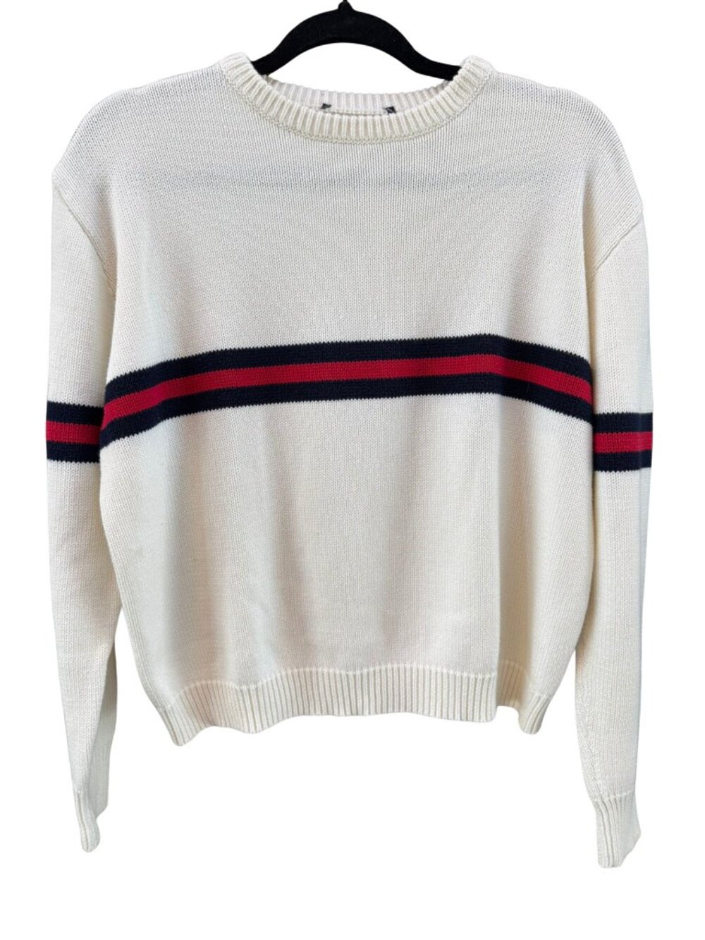 Cream Navy Red Rugby Stripe Boxy Cropped Crewneck Sweater